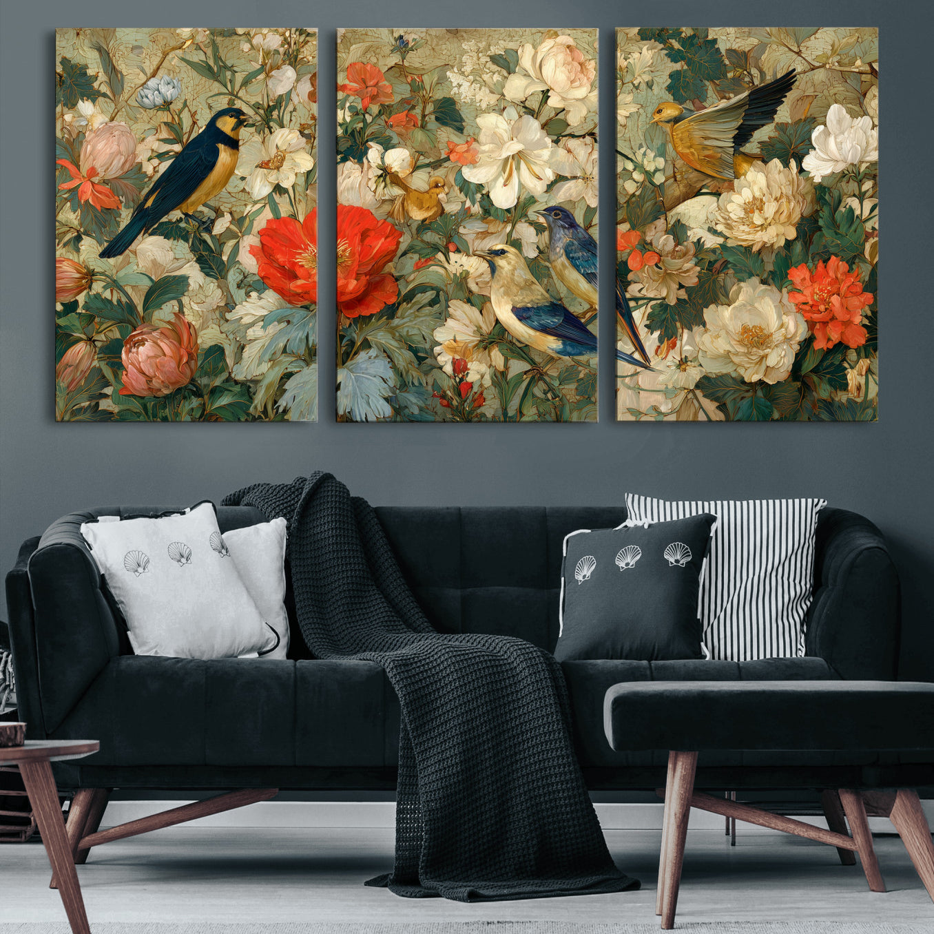 52904757-MGV-CV-36X24 - Vintage Birds and Flowers Wall Art Canvas Print, Botanical Bird Painting Canvas Print, Floral Garden Bird Artwork Canvas Print, Classic Bird Flower Painting Canvas Print