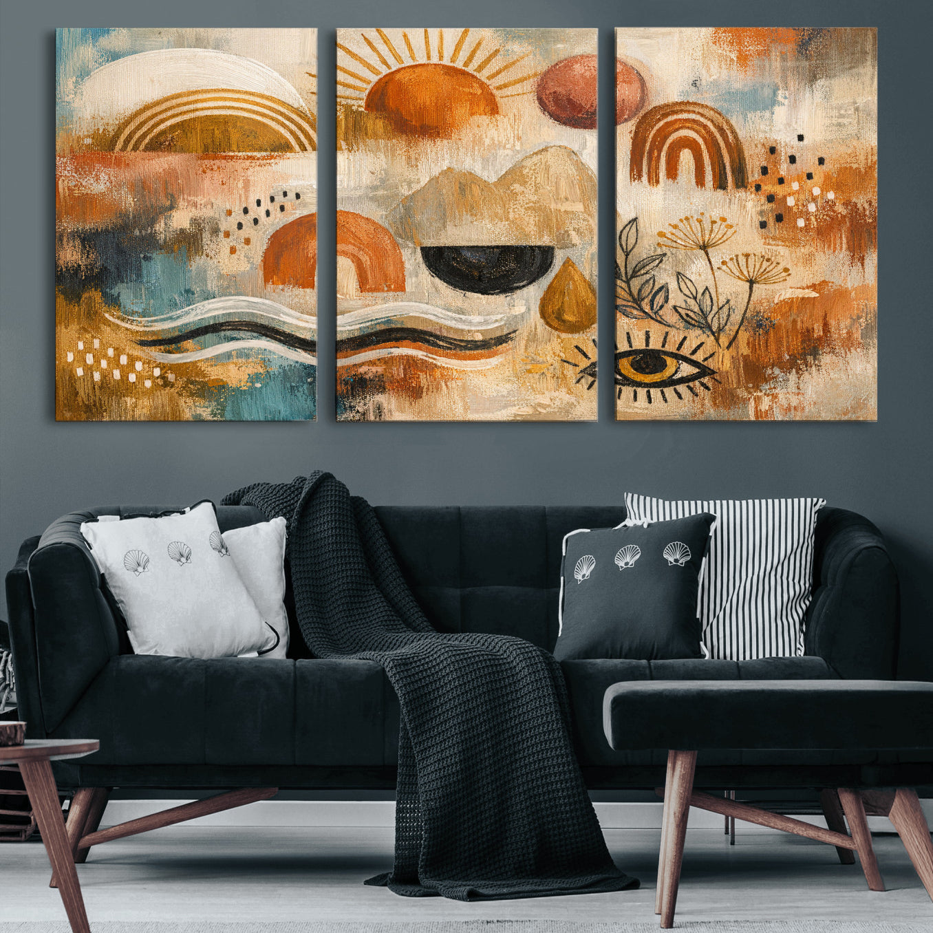 52155239-MGV-CV-36X24 - Geometric Boho Abstract Wall Art Canvas Print, Orange Blue Abstract Expressionist Painting Print, Modern Geometric Abstract Canvas Art