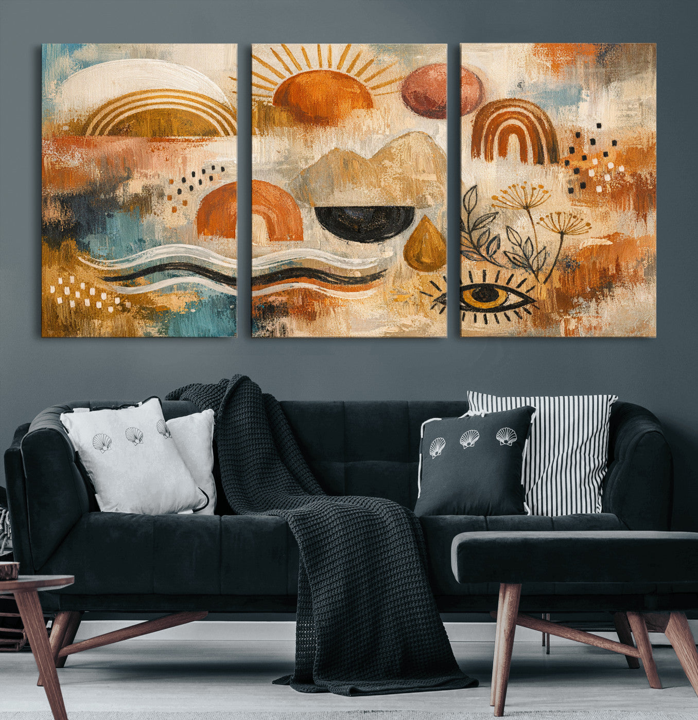 52155239-MGV-CV-36X24 - Geometric Boho Abstract Wall Art Canvas Print, Orange Blue Abstract Expressionist Painting Print, Modern Geometric Abstract Canvas Art