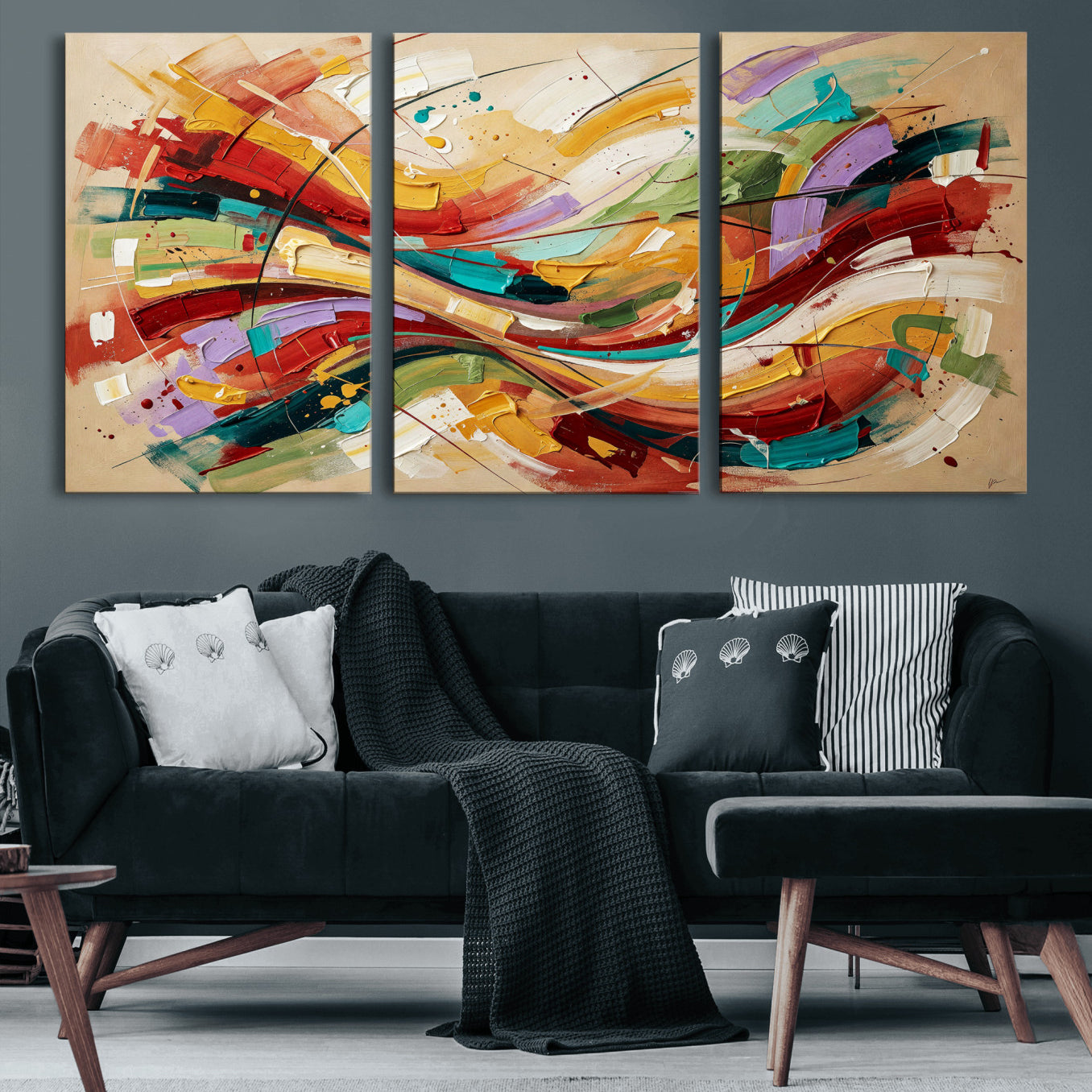 39887645-MGV-CV-36X24 - Geometric Abstract Wall Art Canvas Print, Orange Blue Abstract Expressionist Painting Print, Modern Geometric Abstract Canvas Art