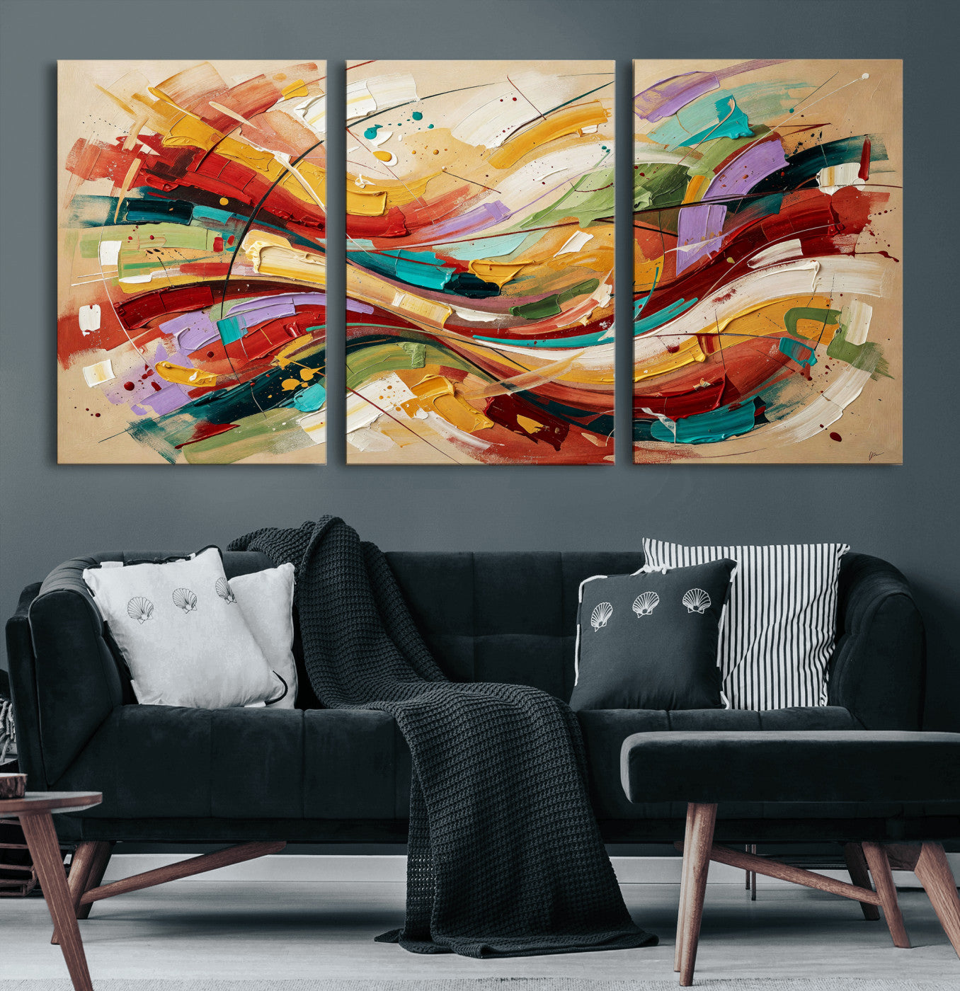 39887645-MGV-CV-36X24 - Geometric Abstract Wall Art Canvas Print, Orange Blue Abstract Expressionist Painting Print, Modern Geometric Abstract Canvas Art