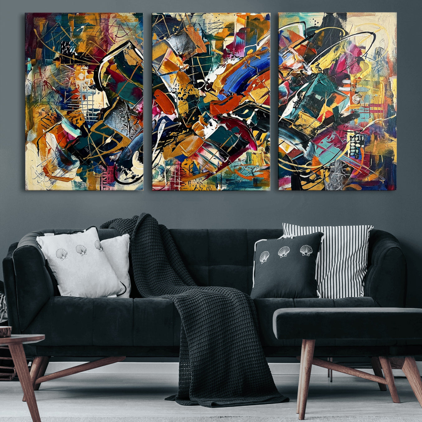 15525527-MGV-CV-36X24 - Geometric Abstract Wall Art Canvas Print, Orange Blue Abstract Expressionist Painting Print, Modern Geometric Abstract Canvas Art