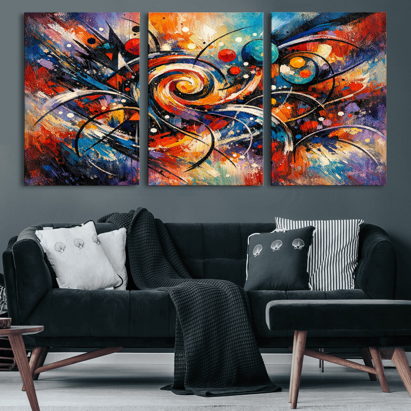 60193267-MGV-CV-36X24 - Geometric Abstract Wall Art Canvas Print, Orange Blue Abstract Expressionist Painting Print, Modern Geometric Abstract Canvas Art