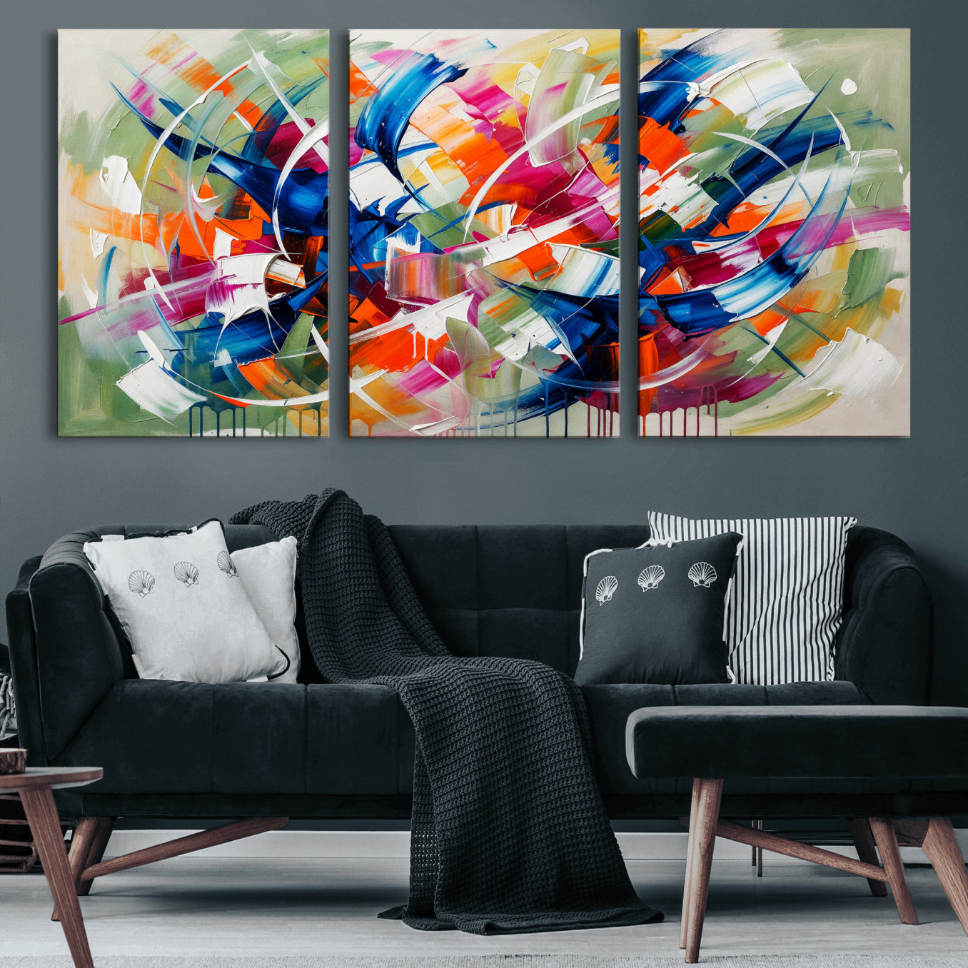 15032888-MGV-CV-36X24 - Geometric Abstract Wall Art Canvas Print, Orange Blue Abstract Expressionist Painting Print, Modern Geometric Abstract Canvas Art