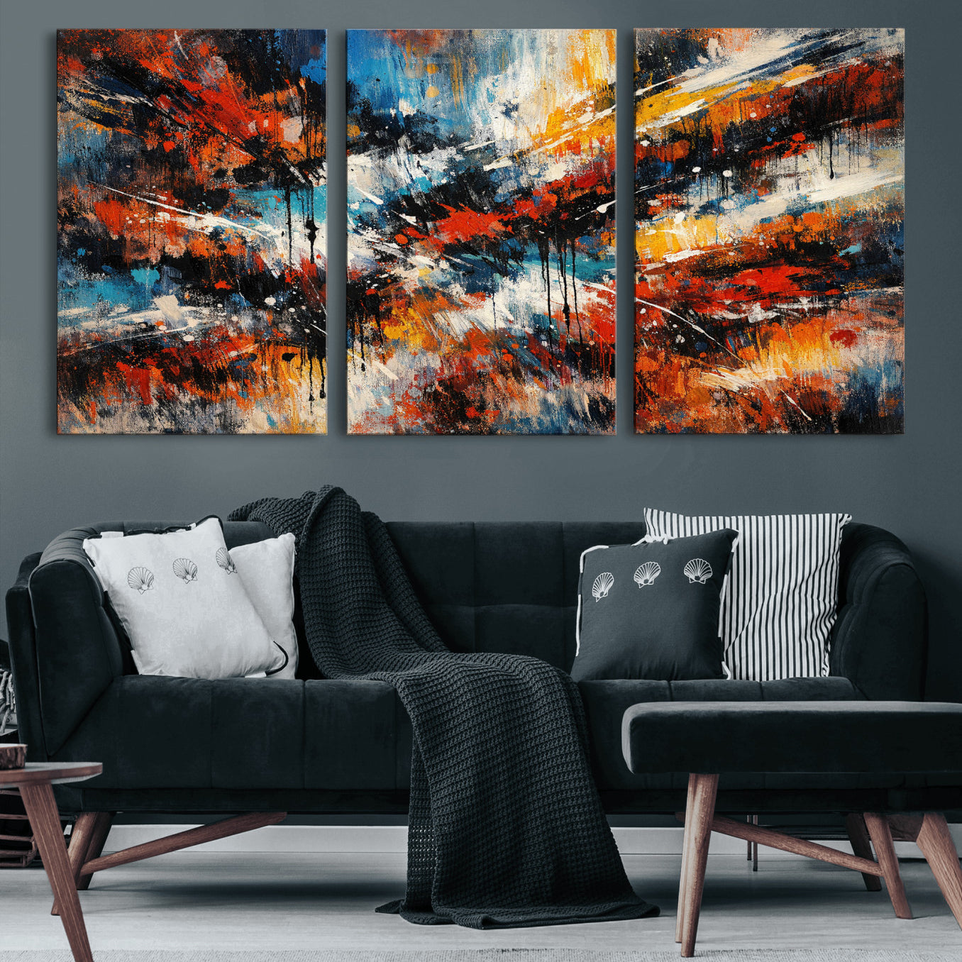 80276069-MGV-CV-36X24 - Geometric Abstract Wall Art Canvas Print, Orange Blue Abstract Expressionist Painting Print, Modern Geometric Abstract Canvas Art