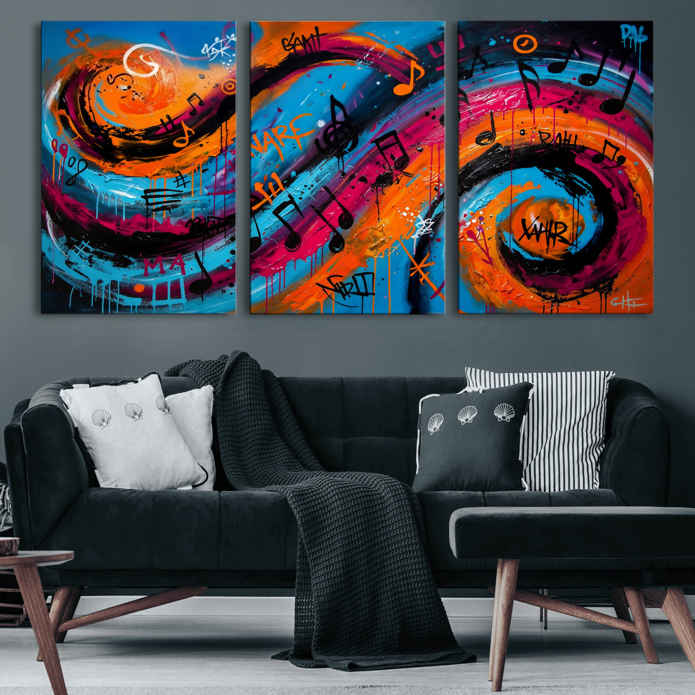 34936518-MGV-CV-36X24 - Geometric Abstract Wall Art Canvas Print, Orange Blue Abstract Expressionist Painting Print, Modern Geometric Abstract Canvas Art