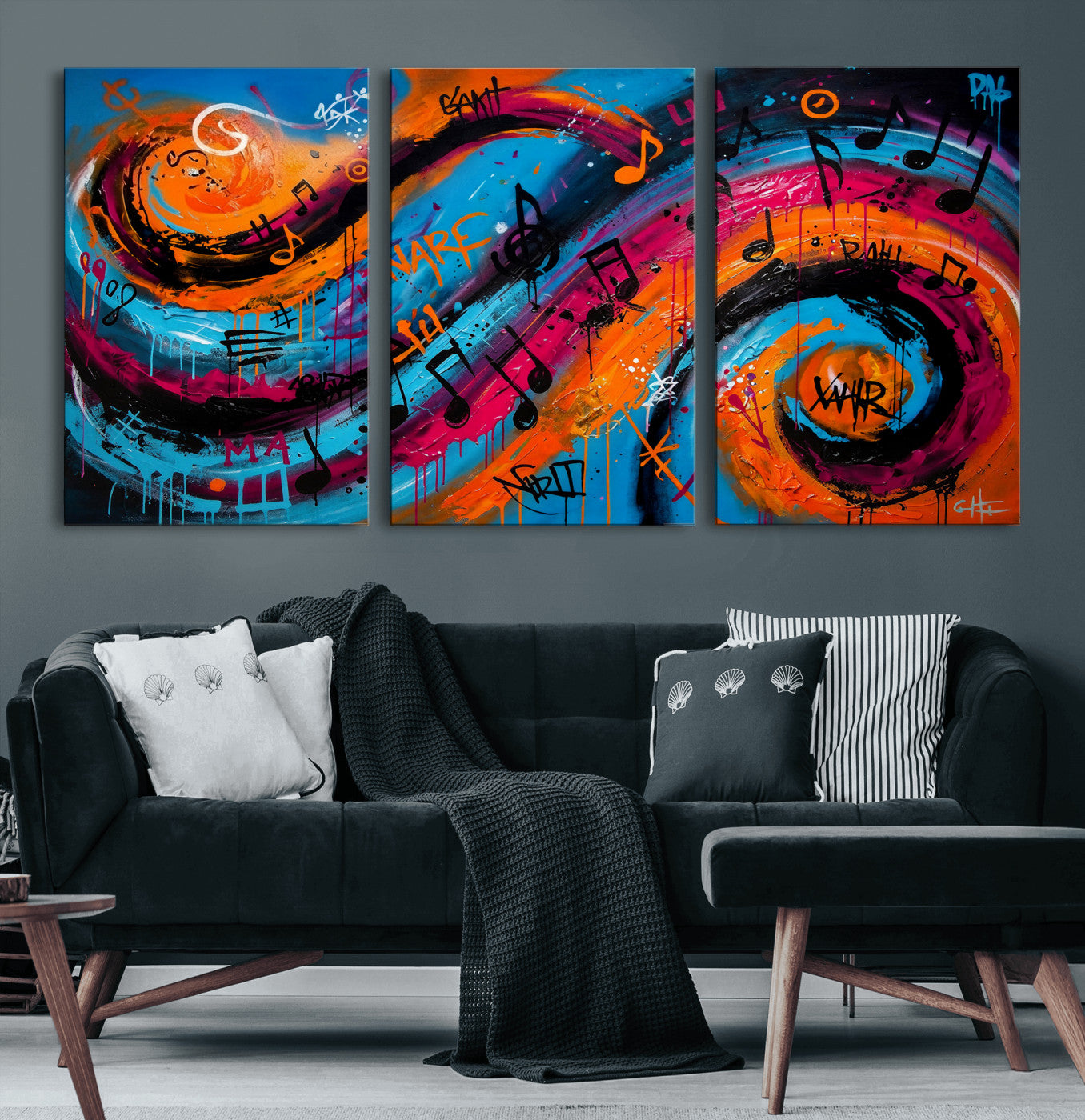 34936518-MGV-CV-36X24 - Geometric Abstract Wall Art Canvas Print, Orange Blue Abstract Expressionist Painting Print, Modern Geometric Abstract Canvas Art