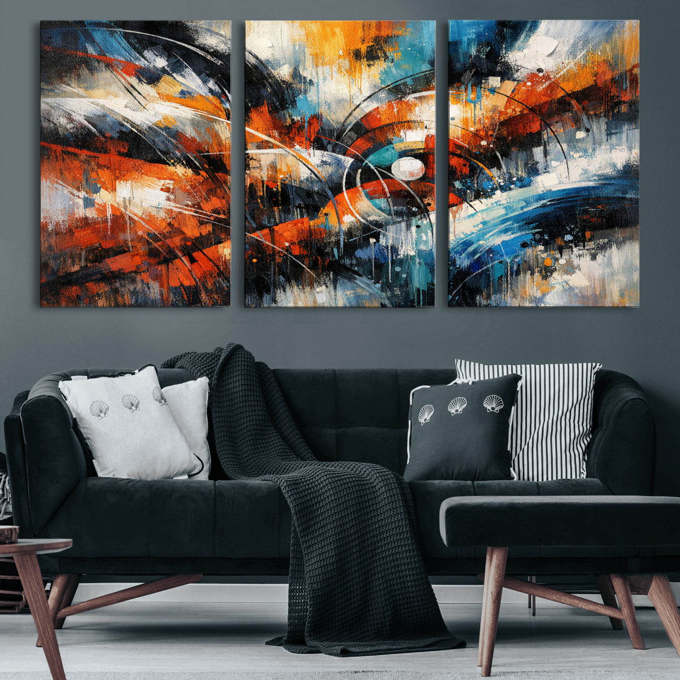 47120691-MGV-CV-36X24 - Geometric Abstract Wall Art Canvas Print, Orange Blue Abstract Expressionist Painting Print, Modern Geometric Abstract Canvas Art