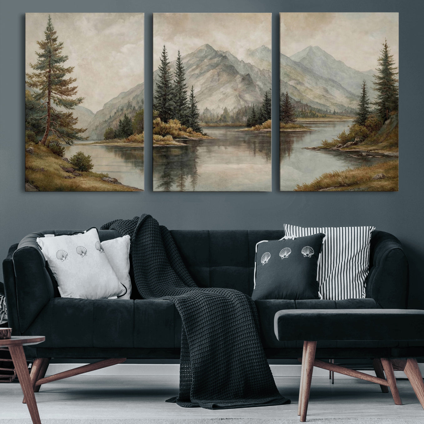 4712069V1-MGV-CV-60X30-3P - Vintage Mountain Landscape Wall Art Canvas Print Set, Rustic Nature Triptych Canvas, Neutral Lake Forest Mountain Wall Decor