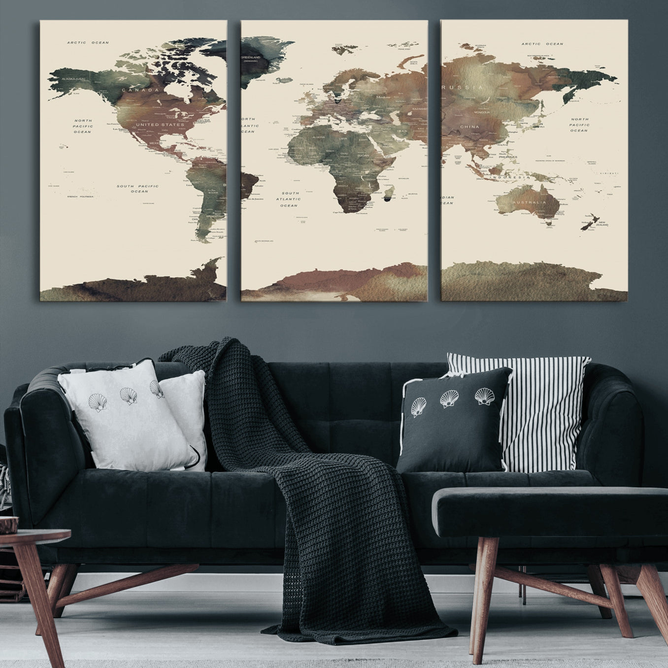 23199-MGV-CV-60X30-3P-Neutral Watercolor World Map Canvas Wall Art – Framed Earth Tone Map Print, Minimalist Travel Artwork for Modern Home and Office Decor