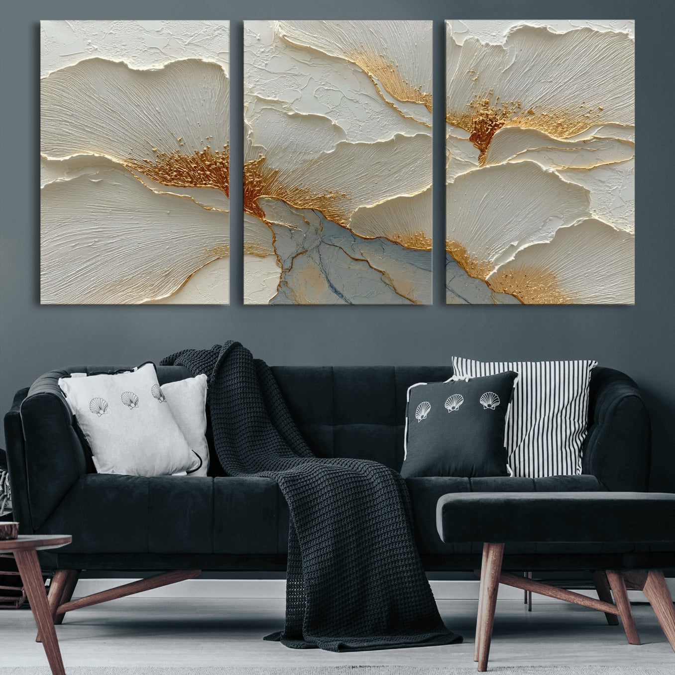 4712069F1-MGV-CV-36X24 - White Gold Floral Canvas Wall Art — Textured Flower Print | Luxury Botanical Decor | Elegant Bedroom Art | Gold Leaf Wall Art Gift