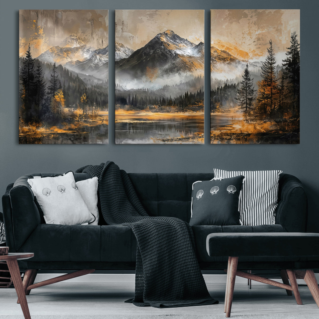 4712069D1-MGV-CV-36X24 - Mountain Lake Canvas Wall Art — Rustic Forest Landscape Print | Gold Grey Nature Decor | Cabin Wall Art | Large Wilderness Art Print Gift