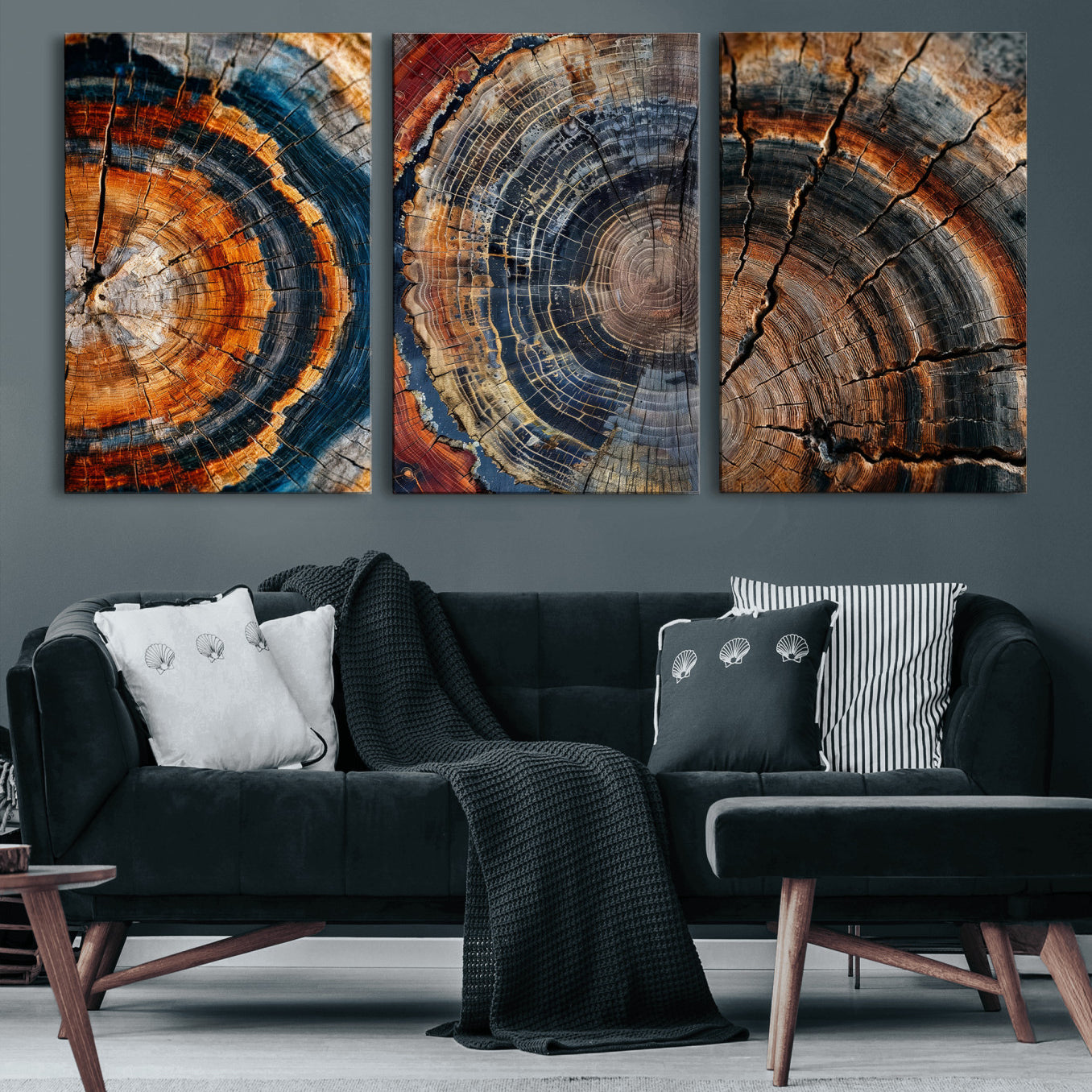 4712069W1-MGV-CV-48X32-3P - Tree Ring Triptych Canvas Wall Art — Set of 3 Wood Grain Print | Rustic Nature Decor | Earth Tone Wall Art | Unique Living Room Art Gift