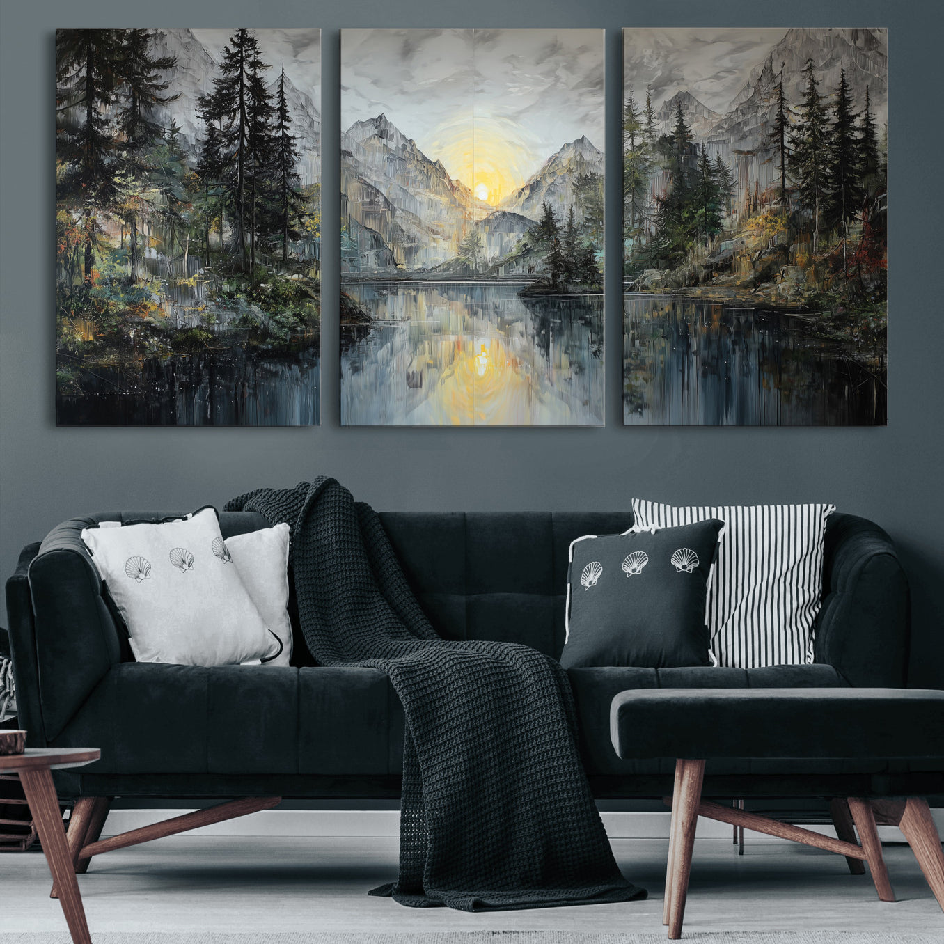 72377107-MGV-CV-60X30-3P - Drip Style Forest Lake Gold Art — Abstract Expressionist Mountain Print | Grey Pine Tree Canvas | Moody Nature Wall Decor | Large Panoramic Art