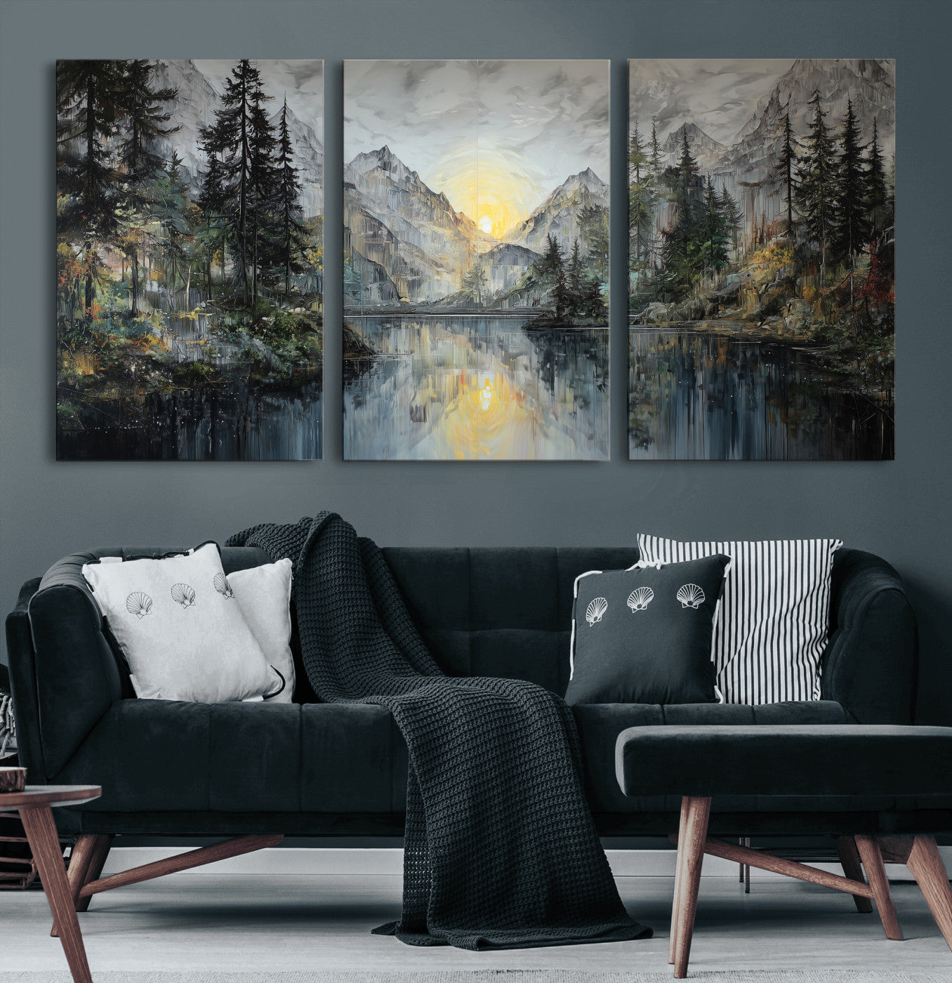72377107-MGV-CV-60X30-3P - Drip Style Forest Lake Gold Art — Abstract Expressionist Mountain Print | Grey Pine Tree Canvas | Moody Nature Wall Decor | Large Panoramic Art