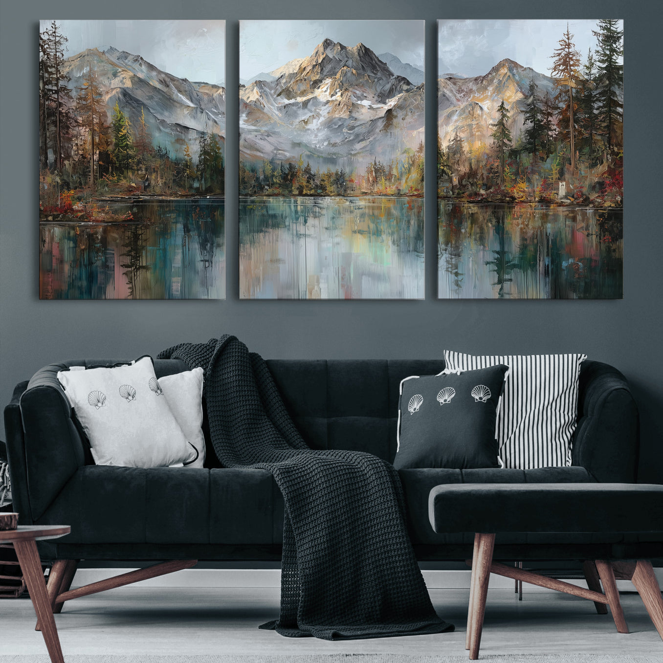 15527546-MGV-CV-60X30-3P - Drip Style Forest Lake Gold Art — Abstract Expressionist Mountain Print | Grey Pine Tree Canvas | Moody Nature Wall Decor | Large Panoramic Art