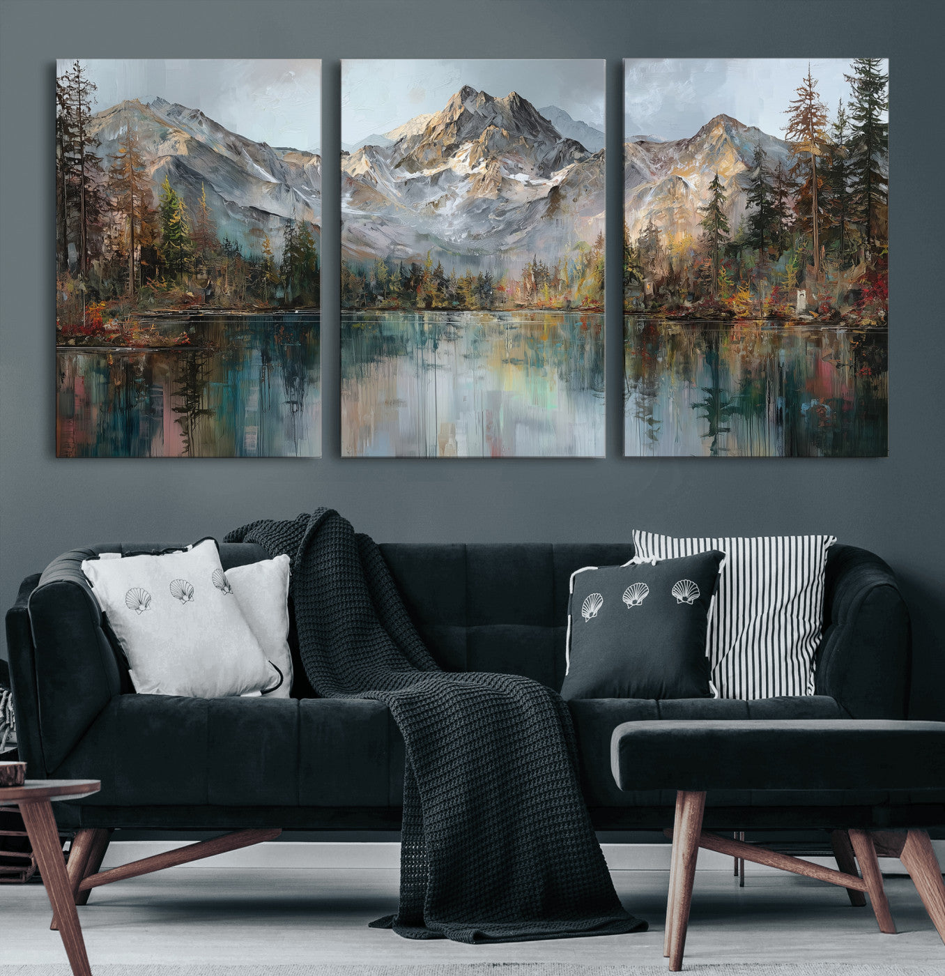 15527546-MGV-CV-60X30-3P - Drip Style Forest Lake Gold Art — Abstract Expressionist Mountain Print | Grey Pine Tree Canvas | Moody Nature Wall Decor | Large Panoramic Art