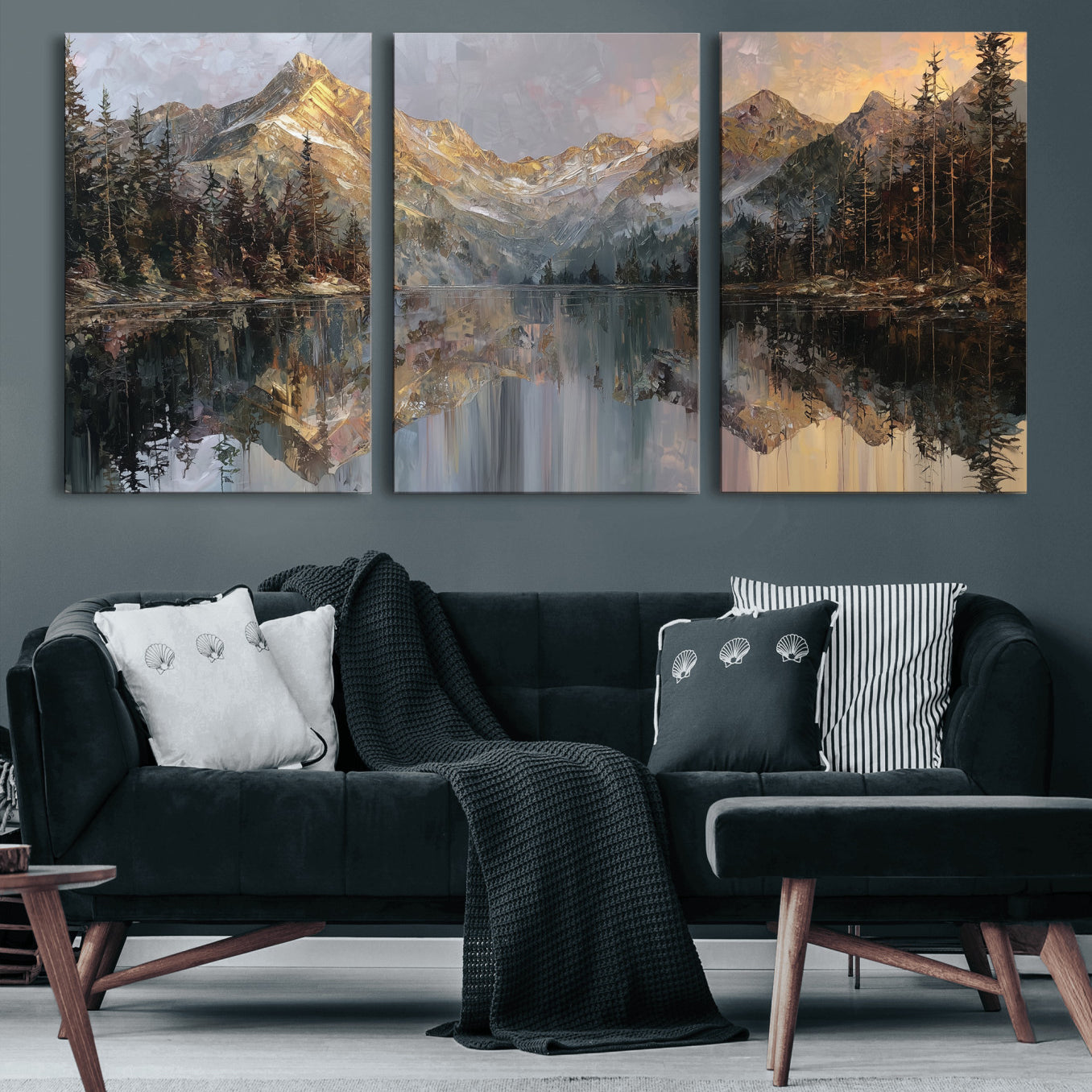 37675699-MGV-CV-60X30-3P - Drip Style Forest Lake Gold Art — Abstract Expressionist Mountain Print | Grey Pine Tree Canvas | Moody Nature Wall Decor | Large Panoramic Art