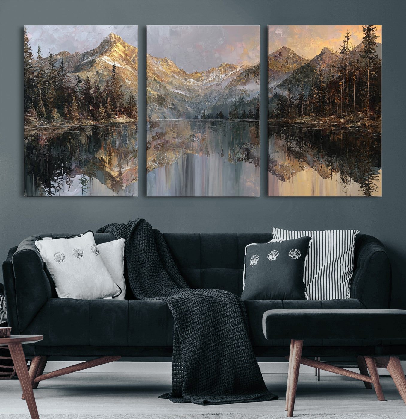 37675699-MGV-CV-60X30-3P - Drip Style Forest Lake Gold Art — Abstract Expressionist Mountain Print | Grey Pine Tree Canvas | Moody Nature Wall Decor | Large Panoramic Art