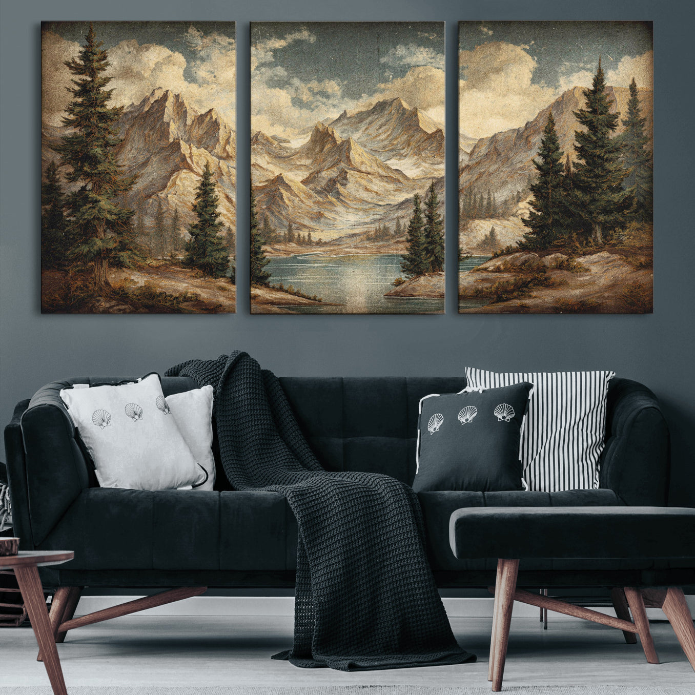 62093020-MGV-CV-60X30-3P - Drip Style Forest Lake Gold Art — Abstract Expressionist Mountain Print | Grey Pine Tree Canvas | Moody Nature Wall Decor | Large Panoramic Art