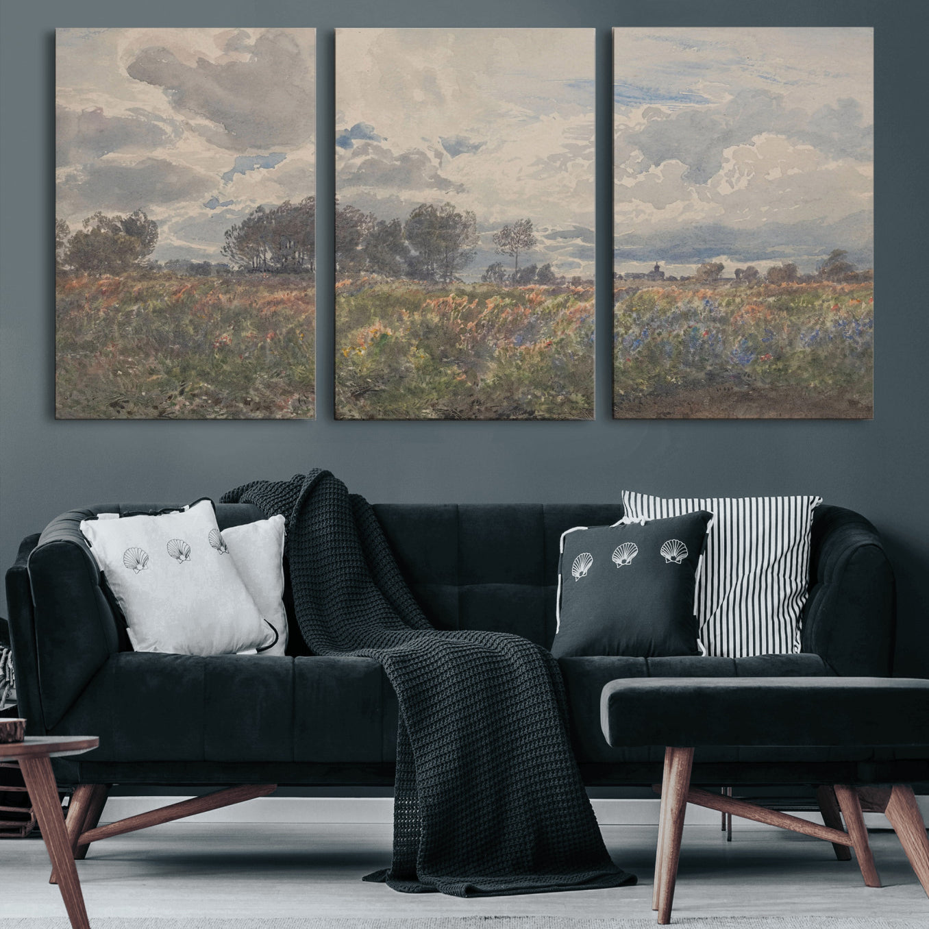 76626885-MGV-CV-36X24 - Vintage Watercolor Meadow Canvas Wall Art — English Pastoral Wildflower Storm Sky Print | Cottagecore Nature Decor | Classic Landscape Gift