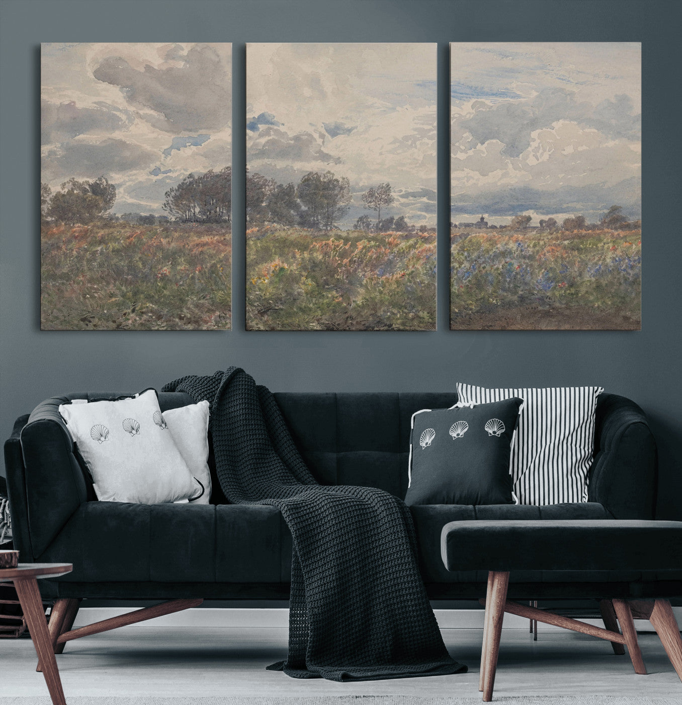 76626885-MGV-CV-36X24 - Vintage Watercolor Meadow Canvas Wall Art — English Pastoral Wildflower Storm Sky Print | Cottagecore Nature Decor | Classic Landscape Gift