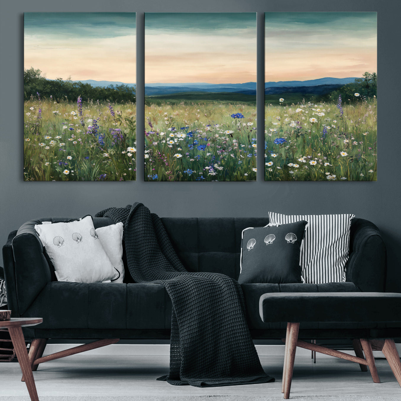 35773805-MGV-CV-36X24 - Wildflower Meadow Oil Painting Canvas — Daisy Lavender Mountain Sunset Print | Cottagecore Floral Wall Art | Bedroom Decor Gift for Her