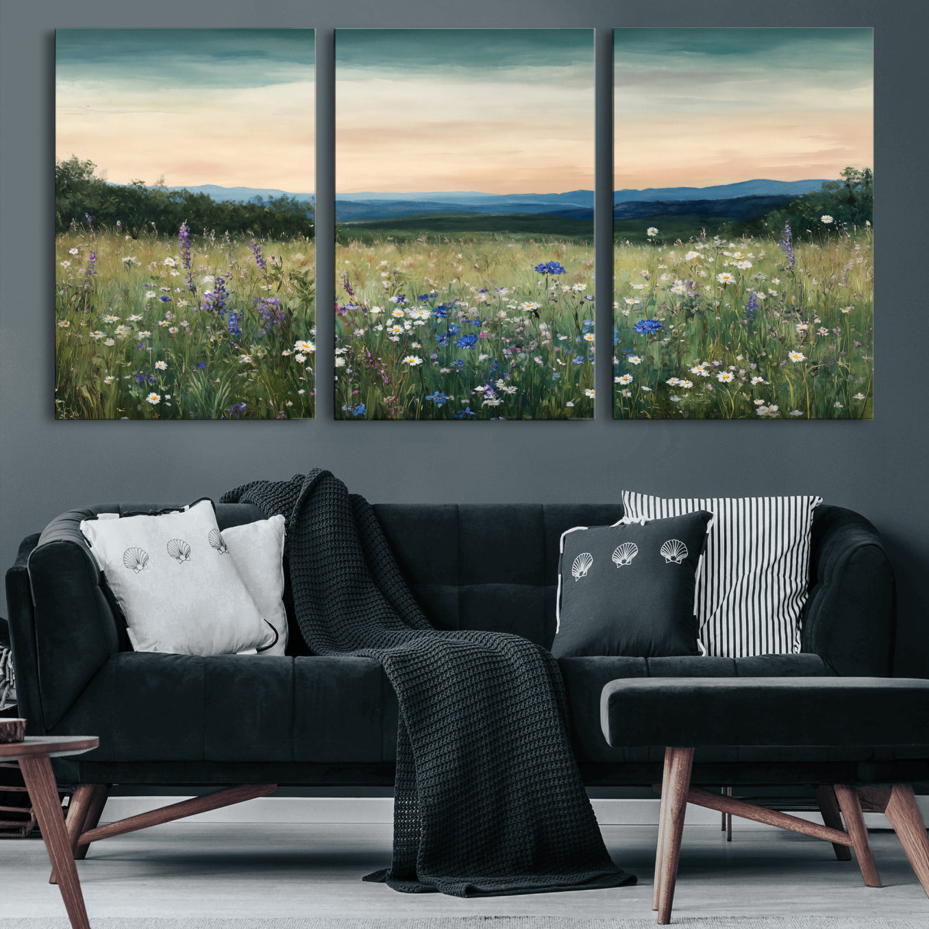 35773805-MGV-CV-36X24 - Wildflower Meadow Oil Painting Canvas Print - Daisy Lavender Mountain Sunset Print | Cottagecore Floral Wall Art - Bedroom Decor Gift for Her