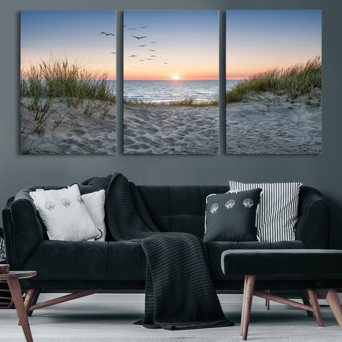 12172032-MGV-CV-36X24 - Sandy Dune Path Sunset Canvas Wall Art — Seagulls Beach Ocean Photography Print | Coastal Home Decor | Nautical Wall Art | Beach House Gift