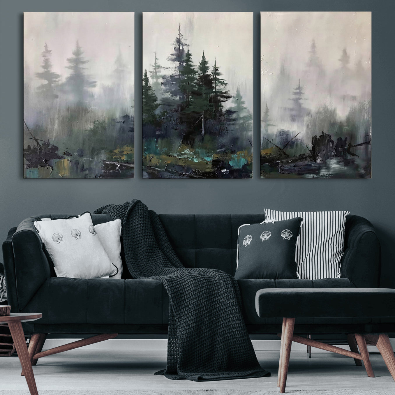 94143325-MGV-CV-36X24 - Misty Pine Forest Oil Painting Canvas — Dark Moody Teal Grey Tree Print | Japandi Scandinavian Wall Art | Minimalist Nature Decor Gift