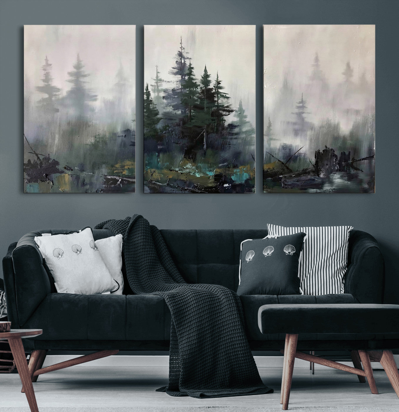 94143325-MGV-CV-36X24 - Misty Pine Forest Oil Painting Canvas — Dark Moody Teal Grey Tree Print | Japandi Scandinavian Wall Art | Minimalist Nature Decor Gift