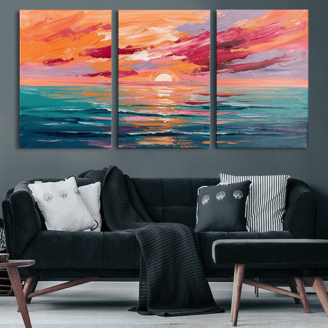 26763902-MGV-CV-36X24 - Bold Palette Knife Ocean Sunset Canvas — Orange Pink Teal Expressionist Sea Print | Colorful Coastal Wall Art | Vibrant Beach Decor Gift