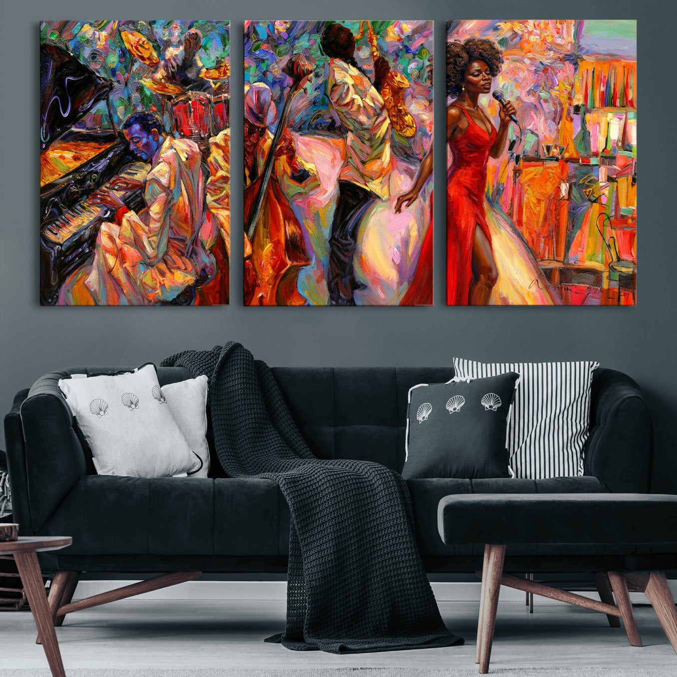 72615137-MGV-CV-36X24 - African American Jazz Singer Canvas Art - Red Dress Black Woman Music Print | Colorful Jazz Band Wall Decor | Living Room Gift for Her