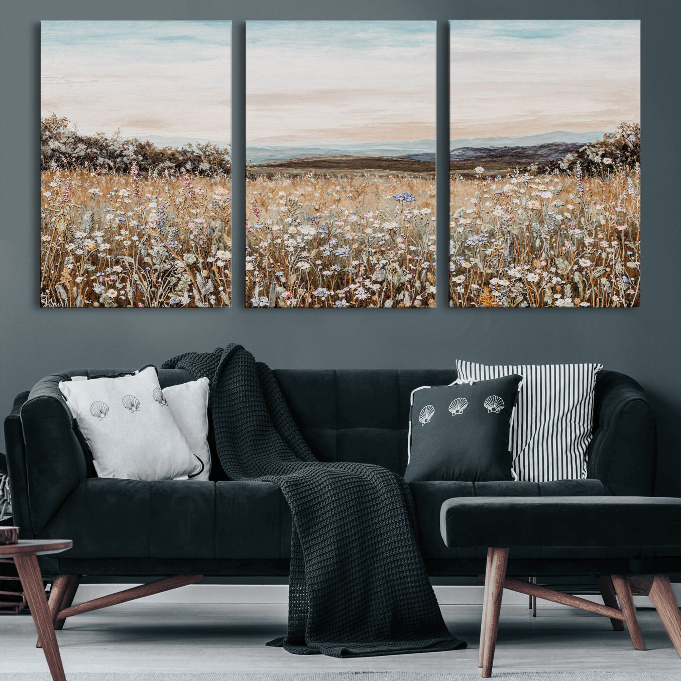 F35773805-MGV-CV-36X24 - Neutral Wildflower Field Canvas Wall Art — Beige Earth Tone Botanical Meadow Print | Farmhouse Boho Decor | Bedroom Living Room Gift Her