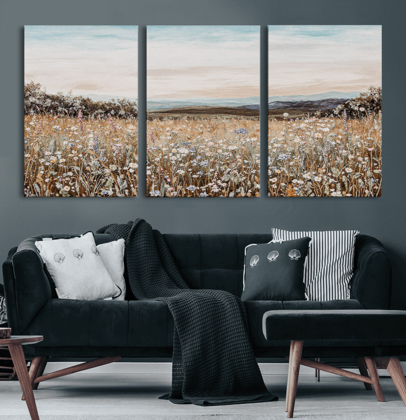 F35773805-MGV-CV-36X24 - Neutral Wildflower Field Canvas Wall Art — Beige Earth Tone Botanical Meadow Print | Farmhouse Boho Decor | Bedroom Living Room Gift Her