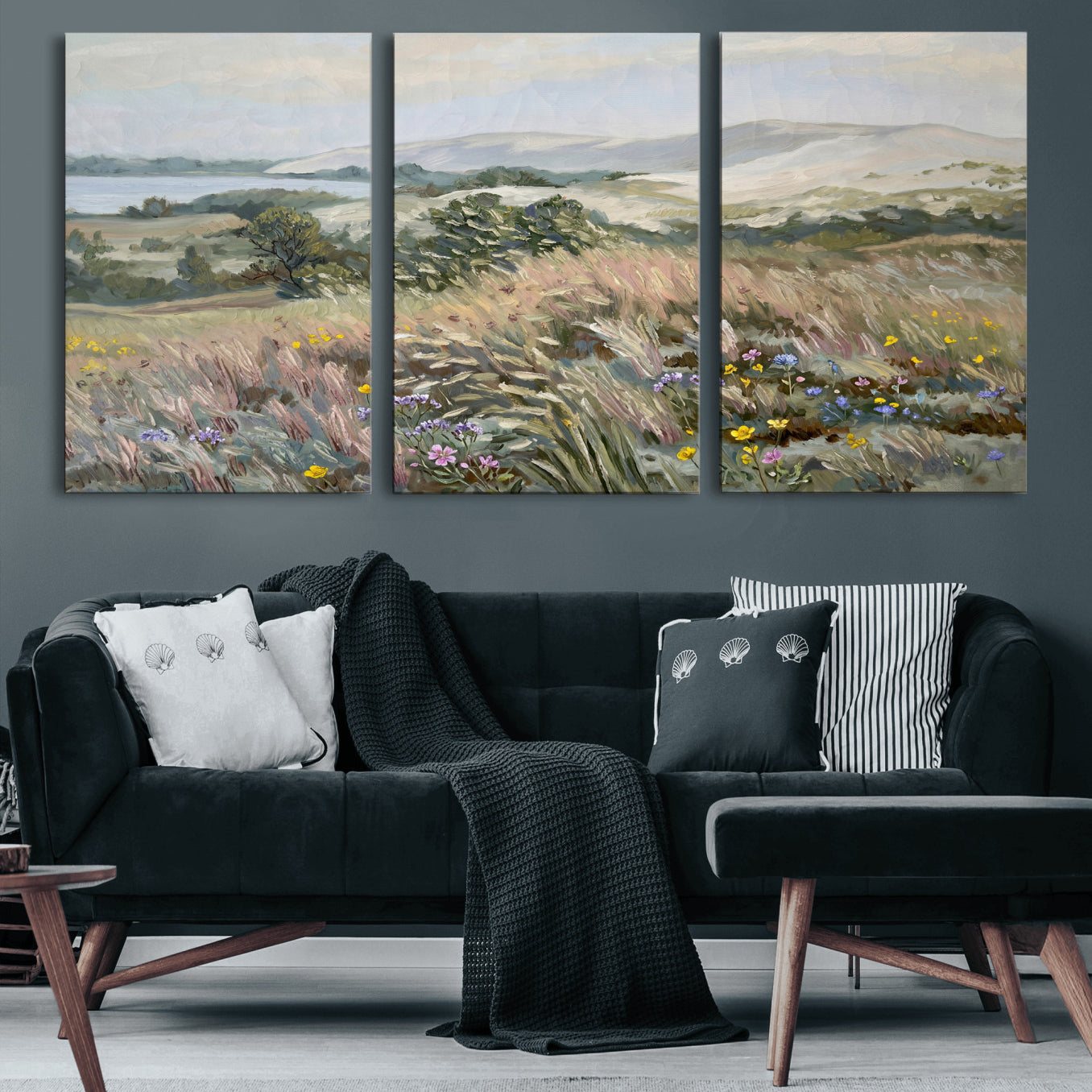 18013232-MGV-CV-36X24 - Katie Staples Hillside Canvas Wall Art — Coastal Wildflower Dune Oil Painting Print | Muted Green Nature Decor | Plein Air Landscape Gift