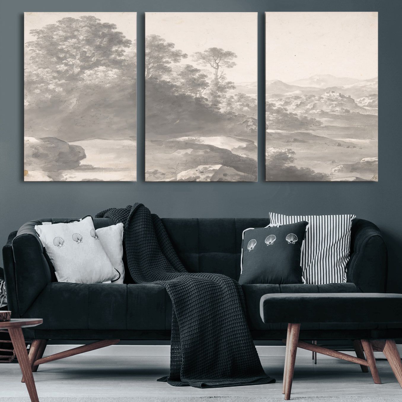 33041209-MGV-CV-36X24 - Van Poelenburch Landscape Canvas Wall Art — Dutch Golden Age Gray Wash Drawing Print | Baroque Italianate Nature Decor | Old Master Classic Gift