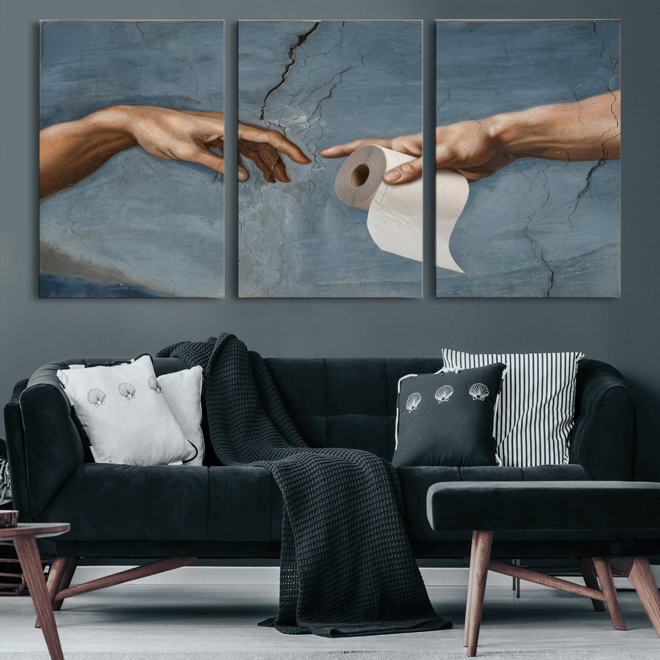 42648143-MGV-CV-36X24 - Funny Bathroom Canvas Wall Art, Michelangelo Creation of Adam Toilet Paper Parody, Renaissance Humor Print, Quirky Housewarming Gift, Toilet Room Decor