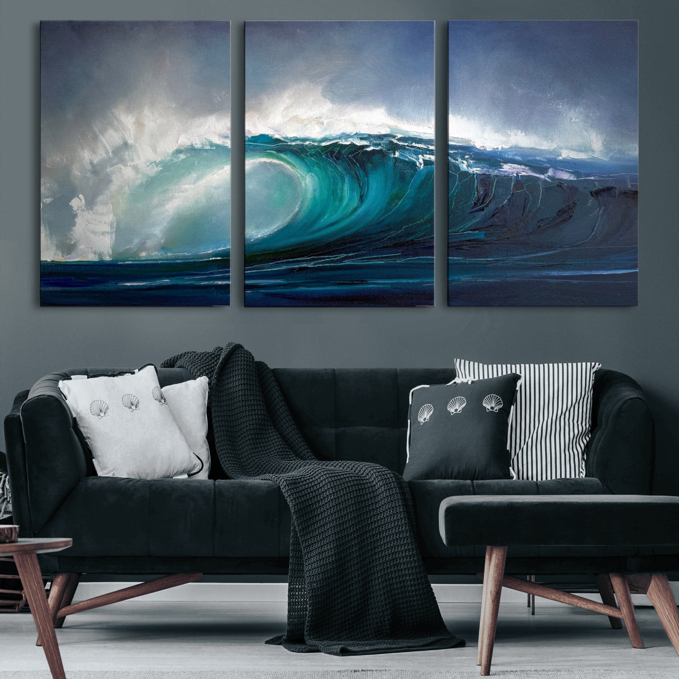 35491180-MGV-CV-60X30-3P - Ocean Wave Canvas Wall Art, Dramatic Teal Blue Seascape Oil Painting Print, Stormy Sea Coastal Decor, Large Beach House Art, Surf Wave Statement Art