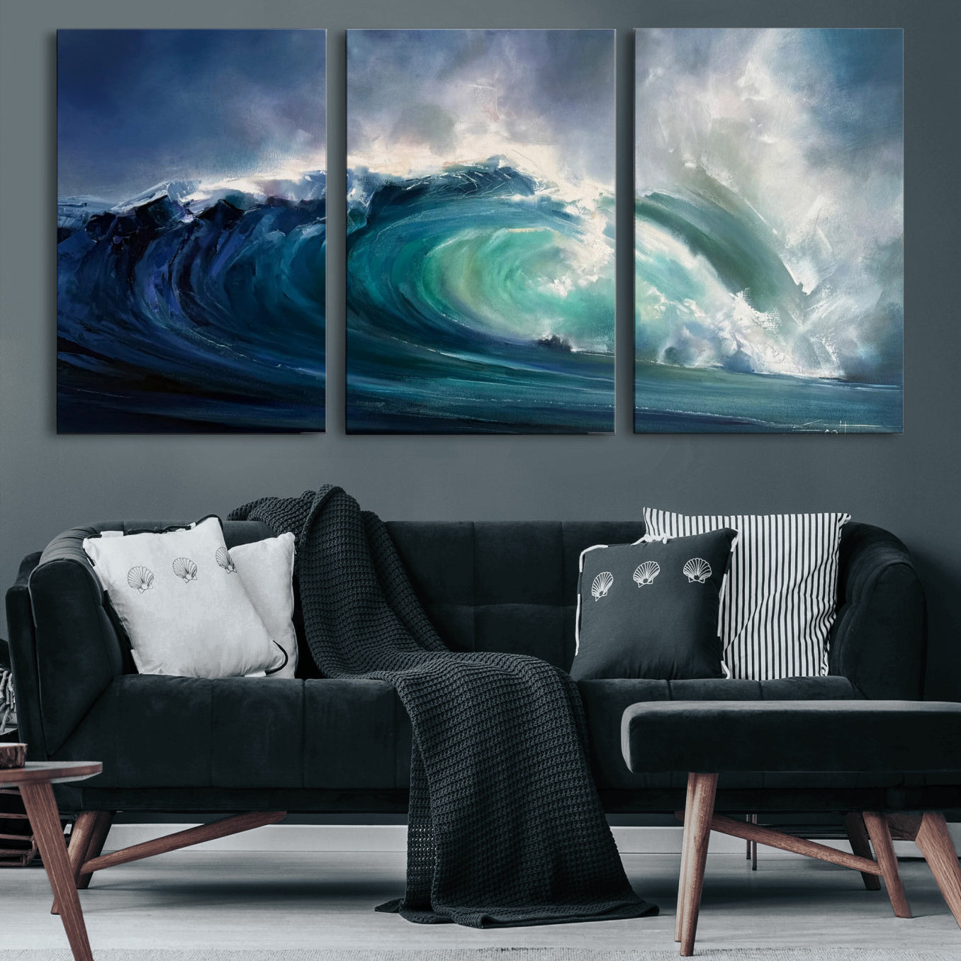80752160-MGV-CV-60X30-3P - Ocean Wave Canvas Wall Art, Dramatic Teal Blue Seascape Oil Painting Print, Stormy Sea Coastal Decor, Large Beach House Art, Surf Wave Statement Art