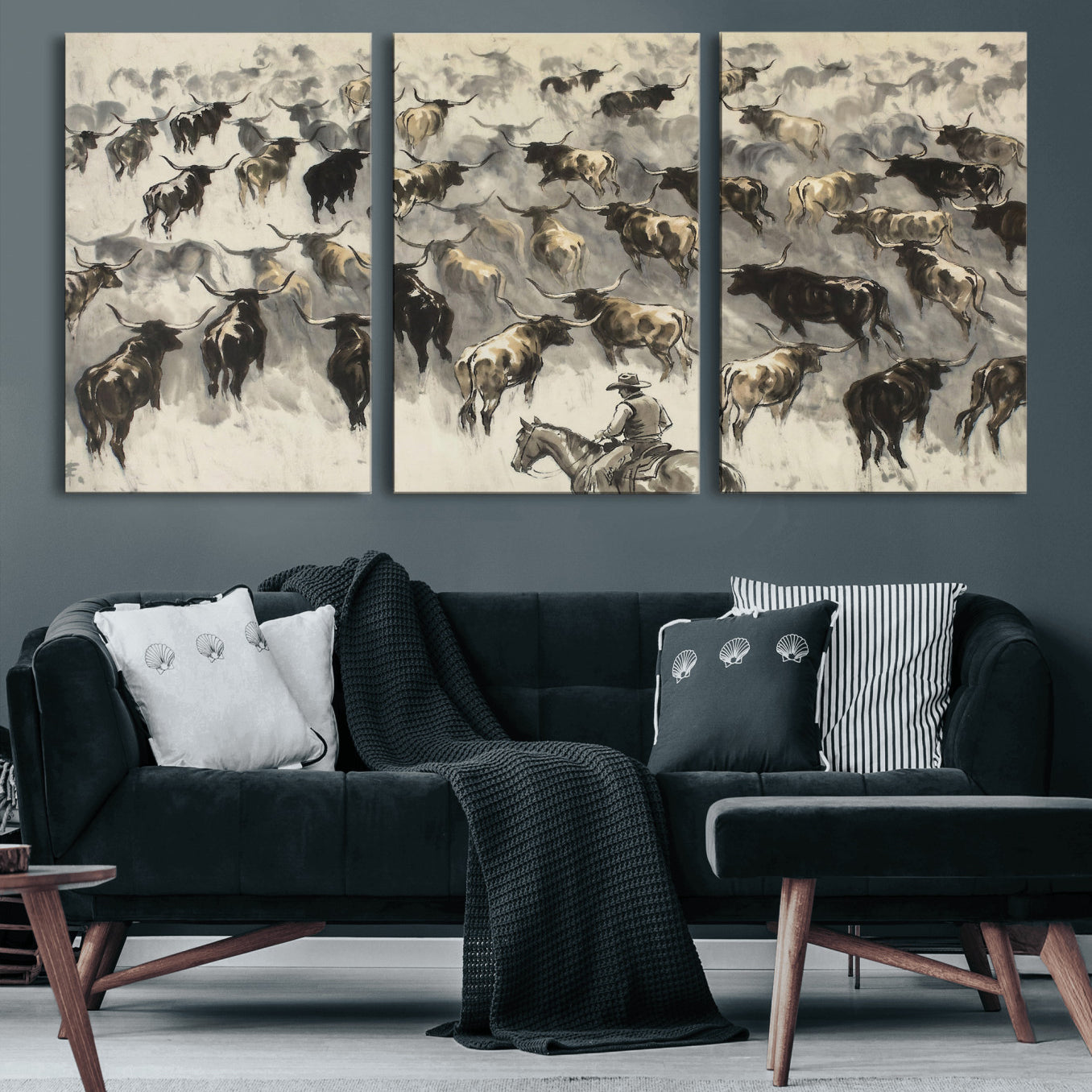 48049876-MGV-CV-36X24 - Cowboy Cattle Drive Canvas Wall Art, Western Longhorn Herd Ink Painting Print, Ranch Rodeo Decor, Black White Western Art, Large Living Room Art