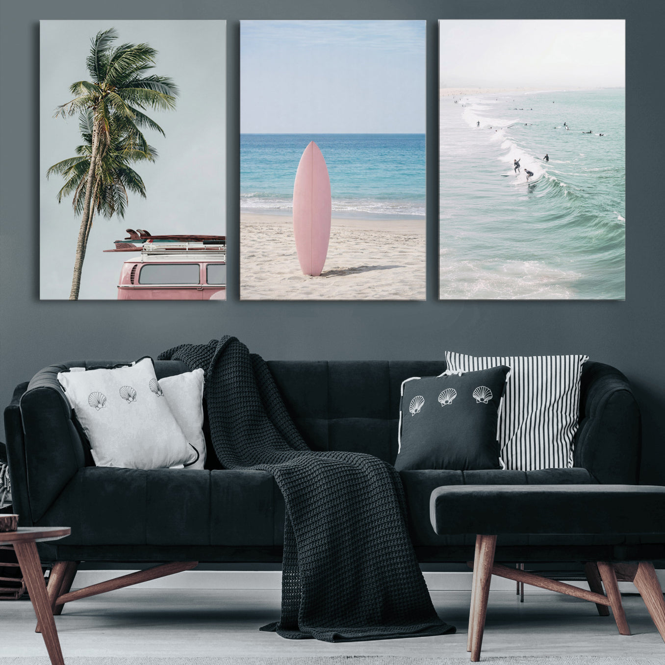 39028765-MGV-CV-60X30-3P - Surf Canvas Wall Art Set, Pink Surfboard VW Van Palm Tree Triptych, Beach House Coastal Decor, Pastel Ocean Photography Print, Boho Surf Decor