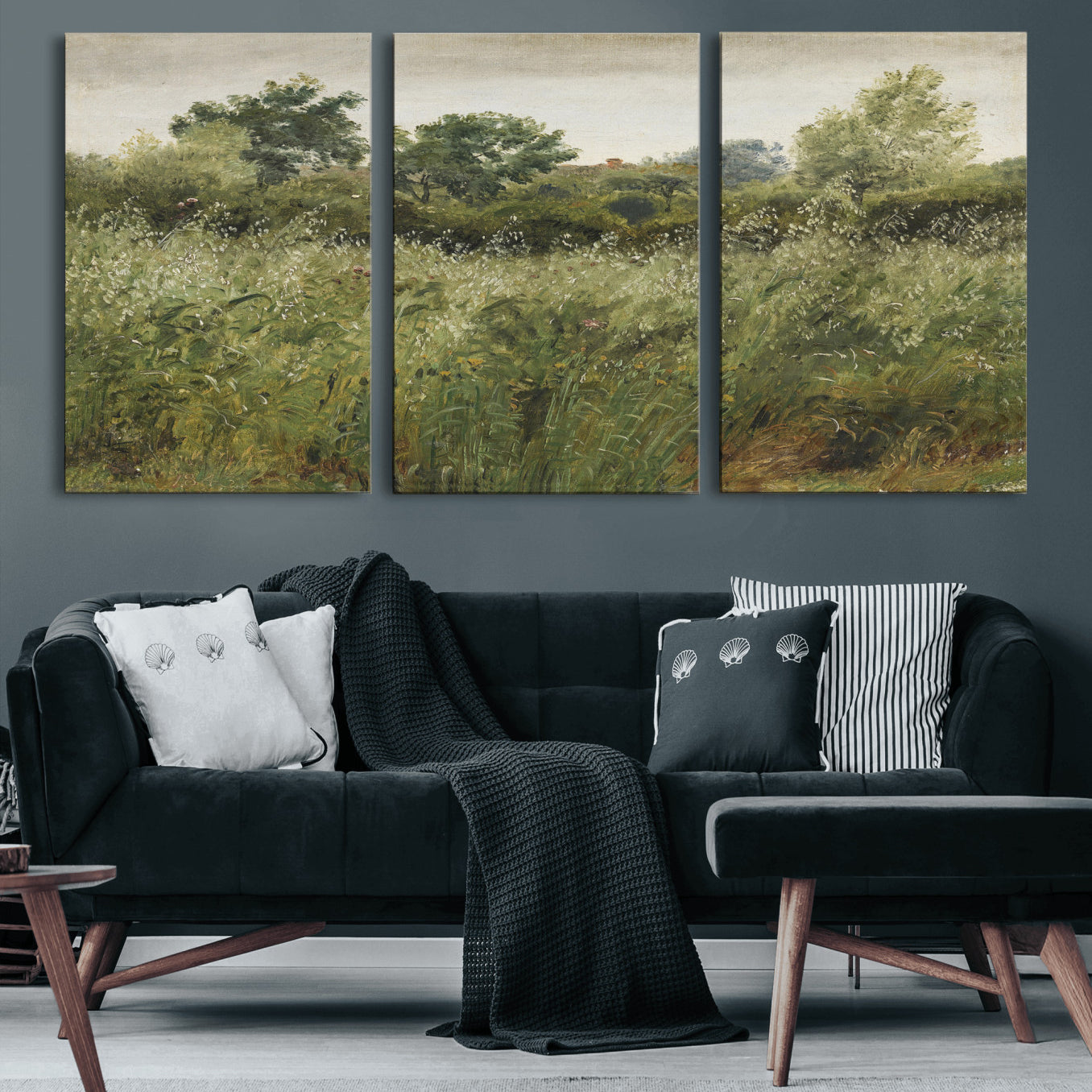 92328261-MGV-CV-36X24 - Wildflower Meadow Canvas Wall Art, Impressionist Overgrown Field Painting Print, Vintage Green Nature Decor, Cottagecore Botanical Art, Living Room Print