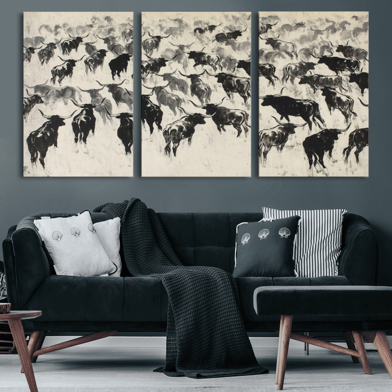 68669792-MGV-CV-36X24 - Longhorn Cattle Canvas Wall Art, Black White Stampede Ink Painting Print, Western Farmhouse Decor, Bull Herd Art, Large Living Room Wall Art, Ranch Home Decor