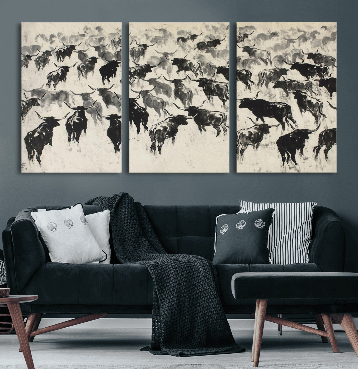 68669792-MGV-CV-36X24 - Longhorn Cattle Canvas Wall Art, Black White Stampede Ink Painting Print, Western Farmhouse Decor, Bull Herd Art, Large Living Room Wall Art, Ranch Home Decor