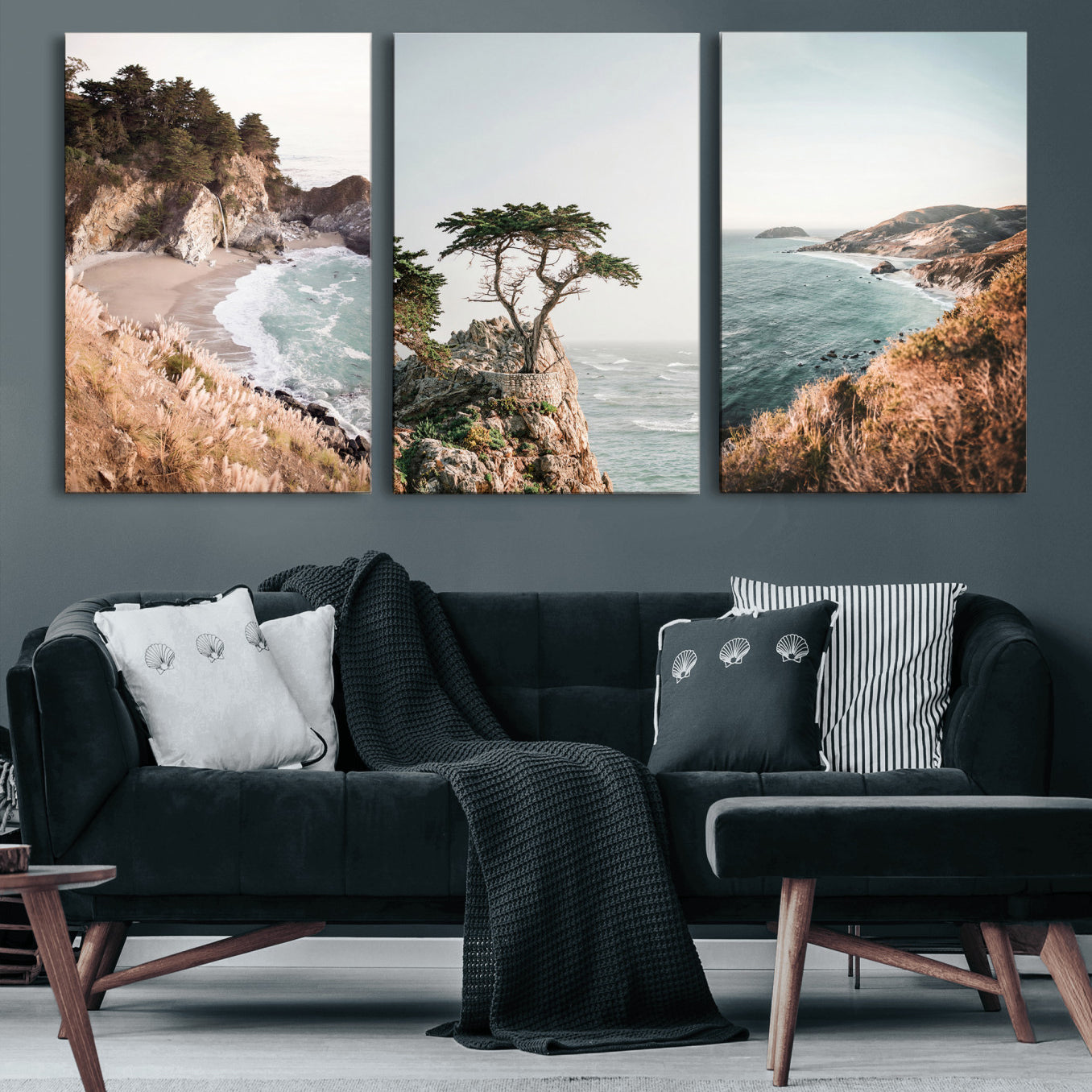 68839391G-MGV-CV-60X30-3P - California Coast Canvas Wall Art Set, Big Sur McWay Falls Lone Cypress Triptych Print, Coastal Photography Decor, Beach House Wall Art