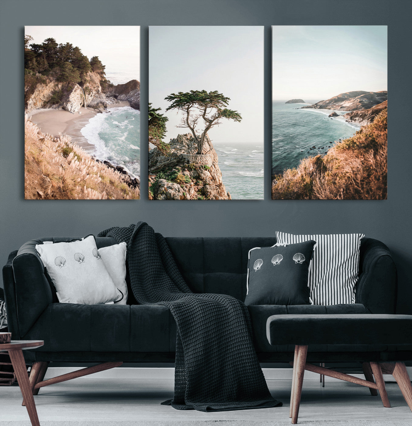 68839391G-MGV-CV-60X30-3P - California Coast Canvas Wall Art Set, Big Sur McWay Falls Lone Cypress Triptych Print, Coastal Photography Decor, Beach House Wall Art