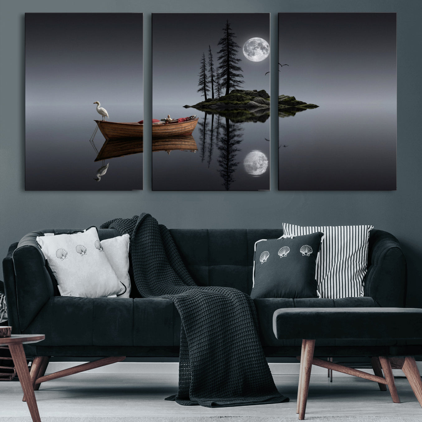 68839391D-MGV-CV-60X30-3P - Moonlit Lake Canvas Wall Art, Dreamy Boat Heron Full Moon Night Print, Dark Fantasy Nature Decor, Moody Bedroom Art, Surreal Landscape Wall Art