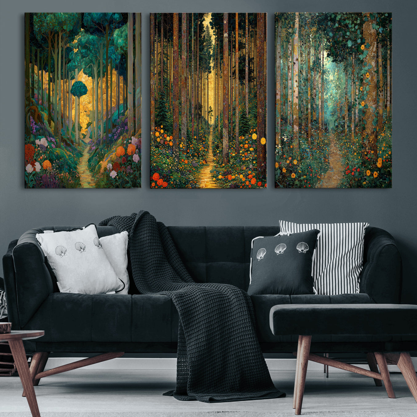 79483321-MGV-CV-60X30-3P - Gustav Klimt Style Forest Canvas Wall Art, Golden Forest Path Floral Art Nouveau Print, Enchanted Woodland Decor, Maximalist Colorful Nature Art