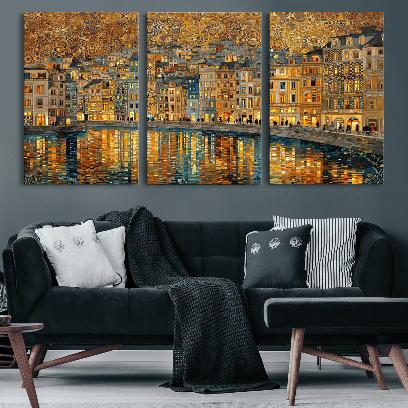 94022787-MGV-CV-36X24 - Gustav Klimt Golden Cityscape Wall Art Canvas Print, Framed River Town Landscape Artwork, Ornate Architecture Wall Decor for Living Room Bedroom Office